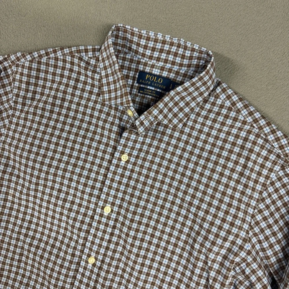 Polo Ralph Lauren Shirt Mens Large Brown Blue Plaid Classic Fit Stretch Button